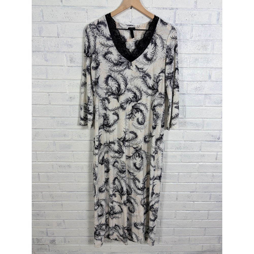 Soma Nightgown Womens S Ivory Black Floral Lace V-Neck Long Sleeve Maxi